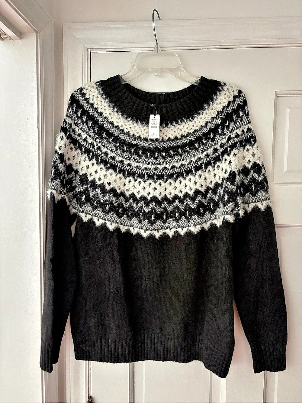 Talbots Fair Isle Crewneck Sweater Black & White Size Large NWT